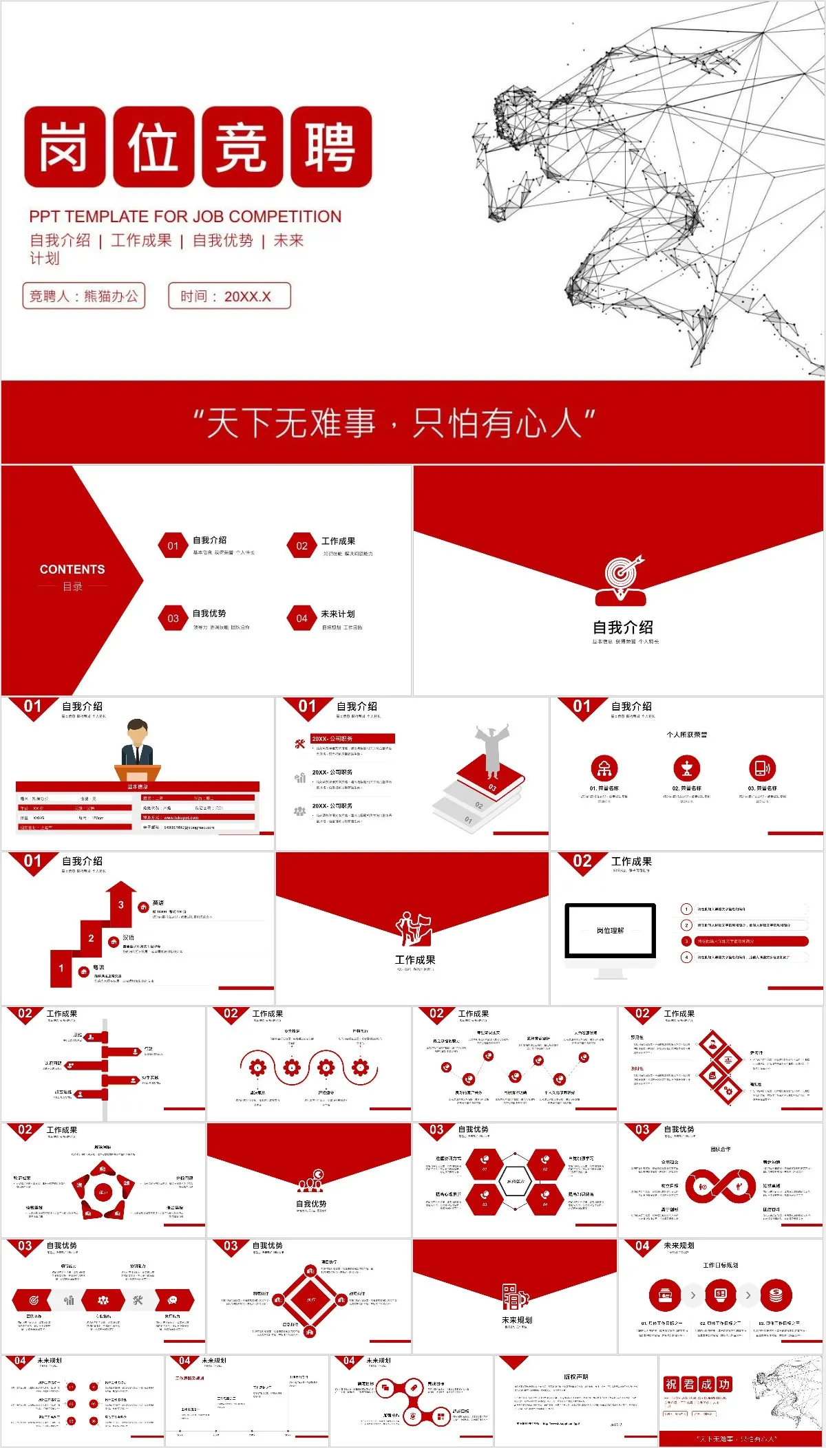 红色简约岗位竞聘PPT模板 - 模板内页详情长图
