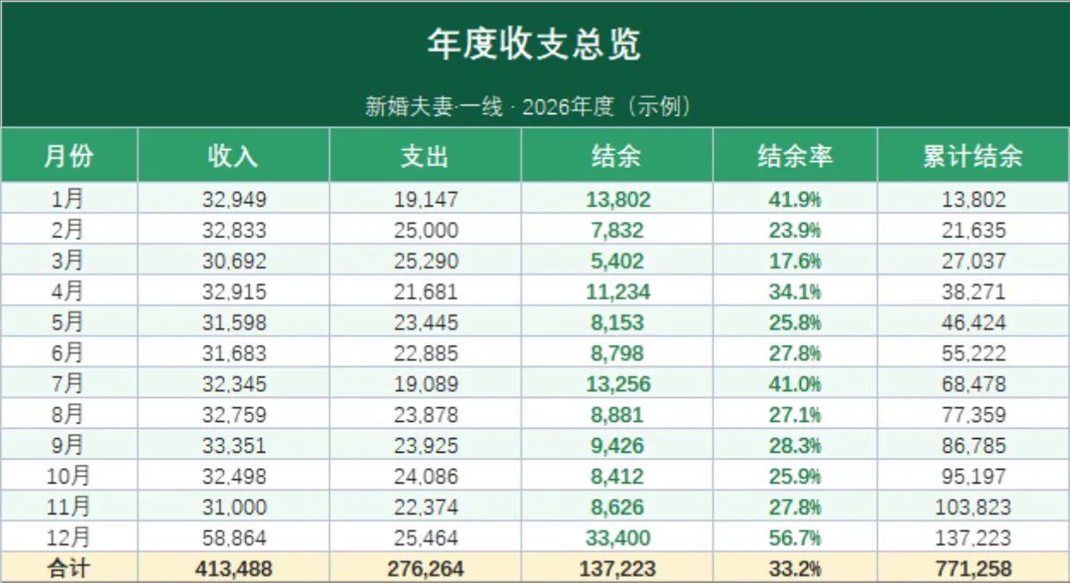 新婚夫妻年度收支总览与分类支出统计家庭理财Excel表格 - 第1页