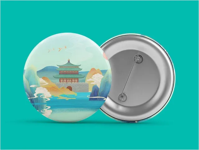 国风古建筑山水插画徽章文创周边设计展示PPT模板 - 封面预览