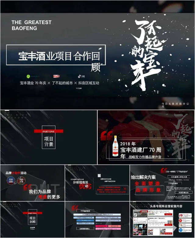 宝丰酒业项目合作回顾活动策划PPT模板 - 封面预览