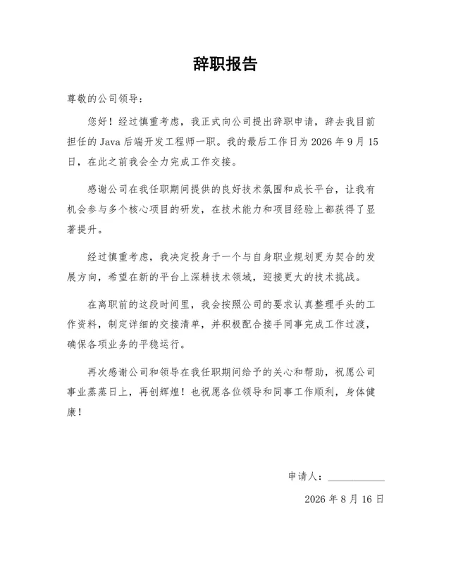 Java后端开发工程师正式离职申请通用辞职报告Word文档 - 封面预览