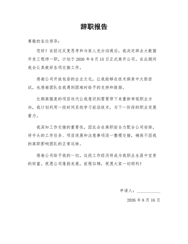 大数据开发工程师岗位通用正式辞职报告Word文档模板 - 封面预览