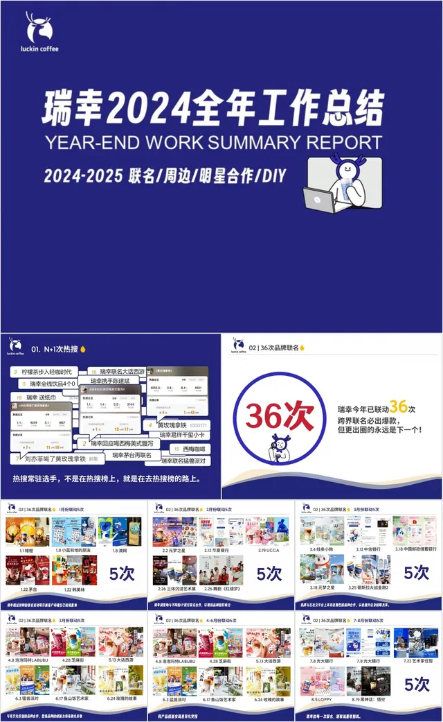 瑞幸2024全年工作总结联名周边明星合作DIY主题汇报PPT模板 - 封面预览