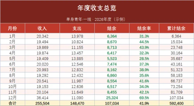 单身青年年度收支总览与分类支出统计Excel家庭理财表格 - 封面预览