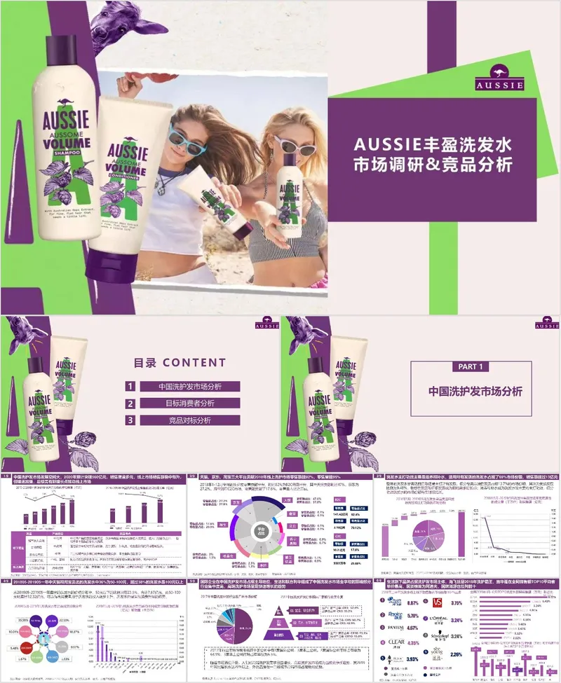 AUSSIE丰盈洗发水市场调研与竞品分析演示PPT模板 - 封面预览