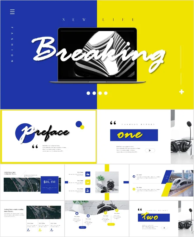 蓝黄撞色时尚简约商务PPT模板 - 封面预览