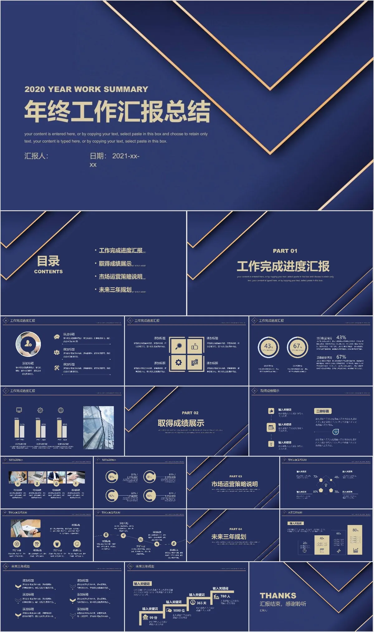 蓝金商务风年终工作汇报总结PPT模板 - 模板内页详情长图