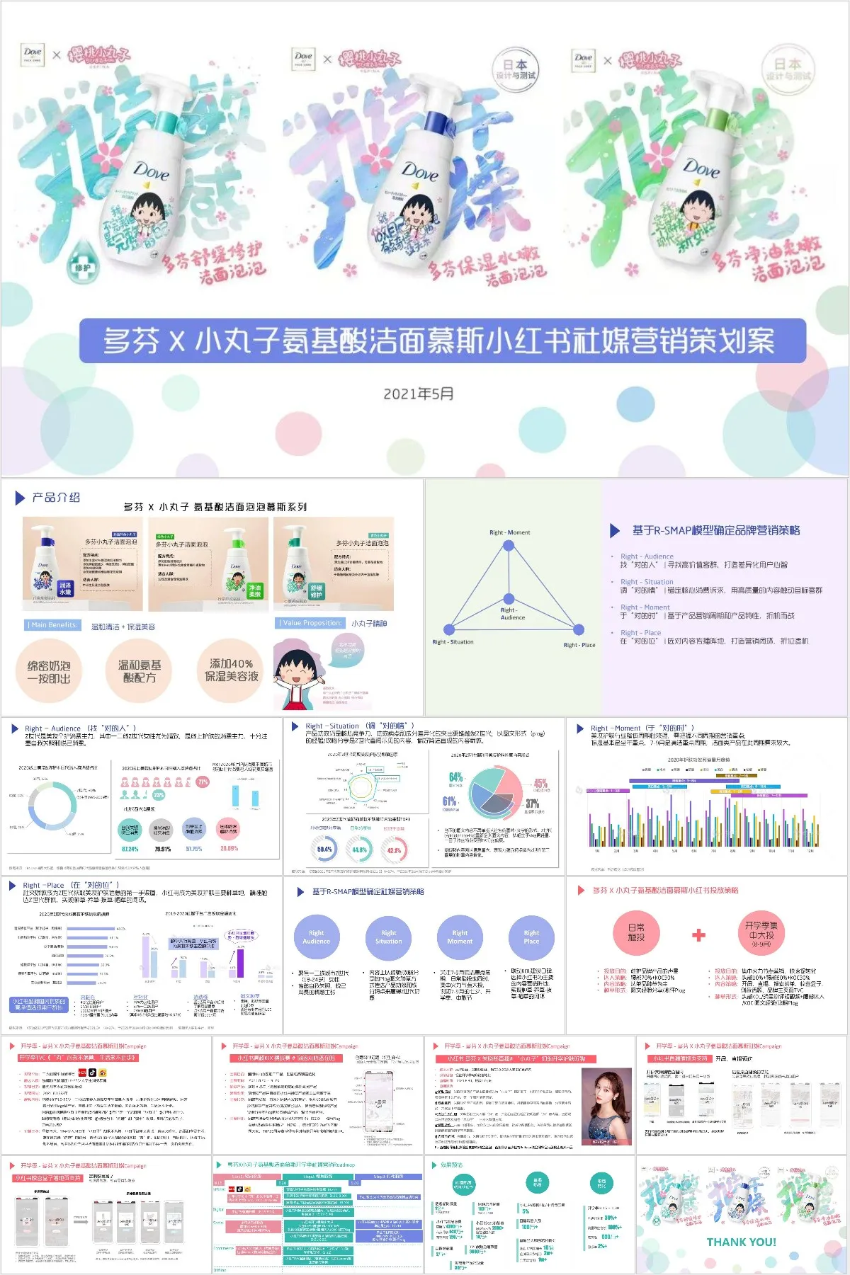 多芬X小丸子氨基酸洁面慕斯小红书社媒营销策划案PPT模板 - 模板内页详情长图