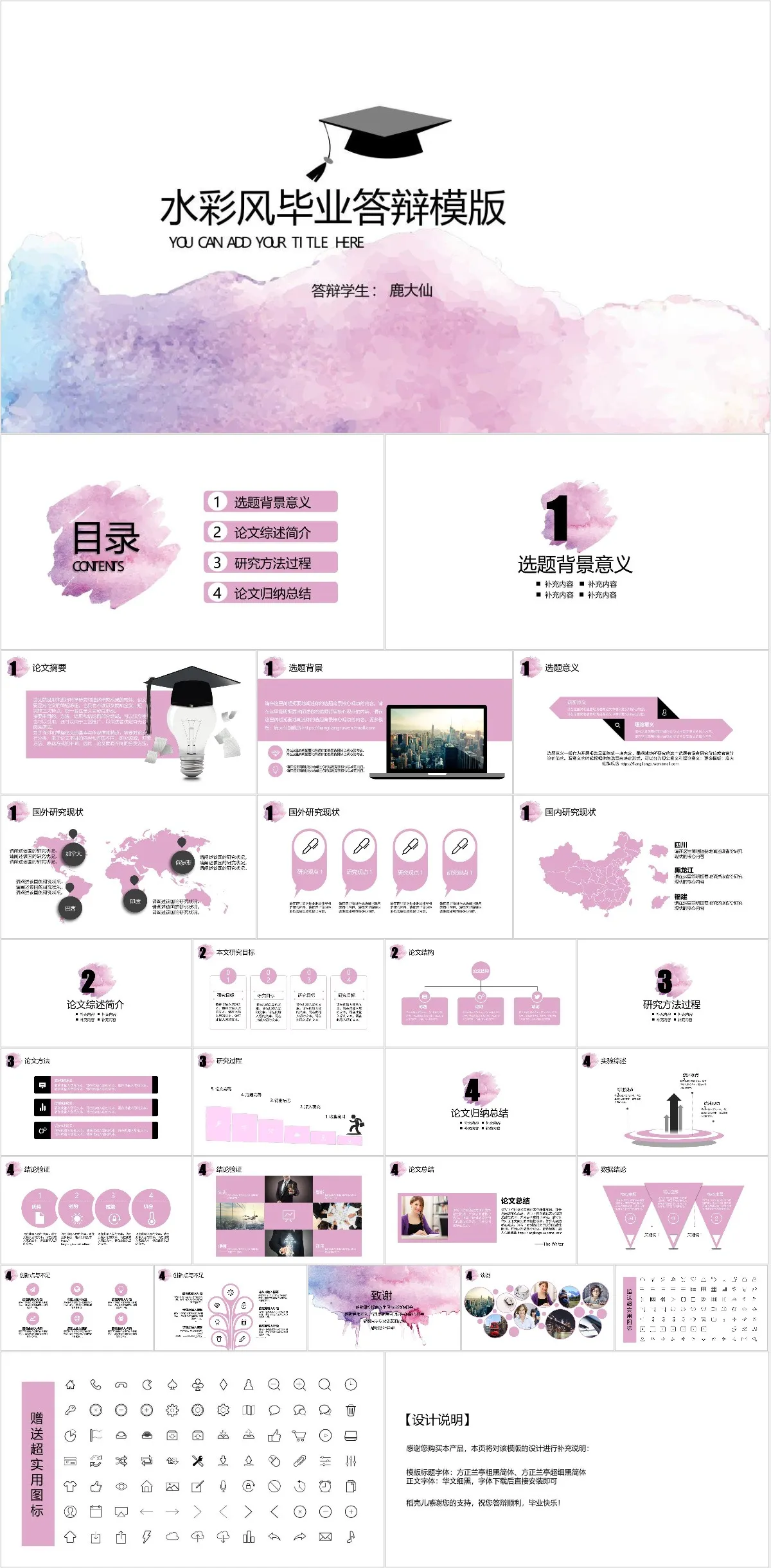 水彩风毕业答辩PPT模板 - 模板内页详情长图