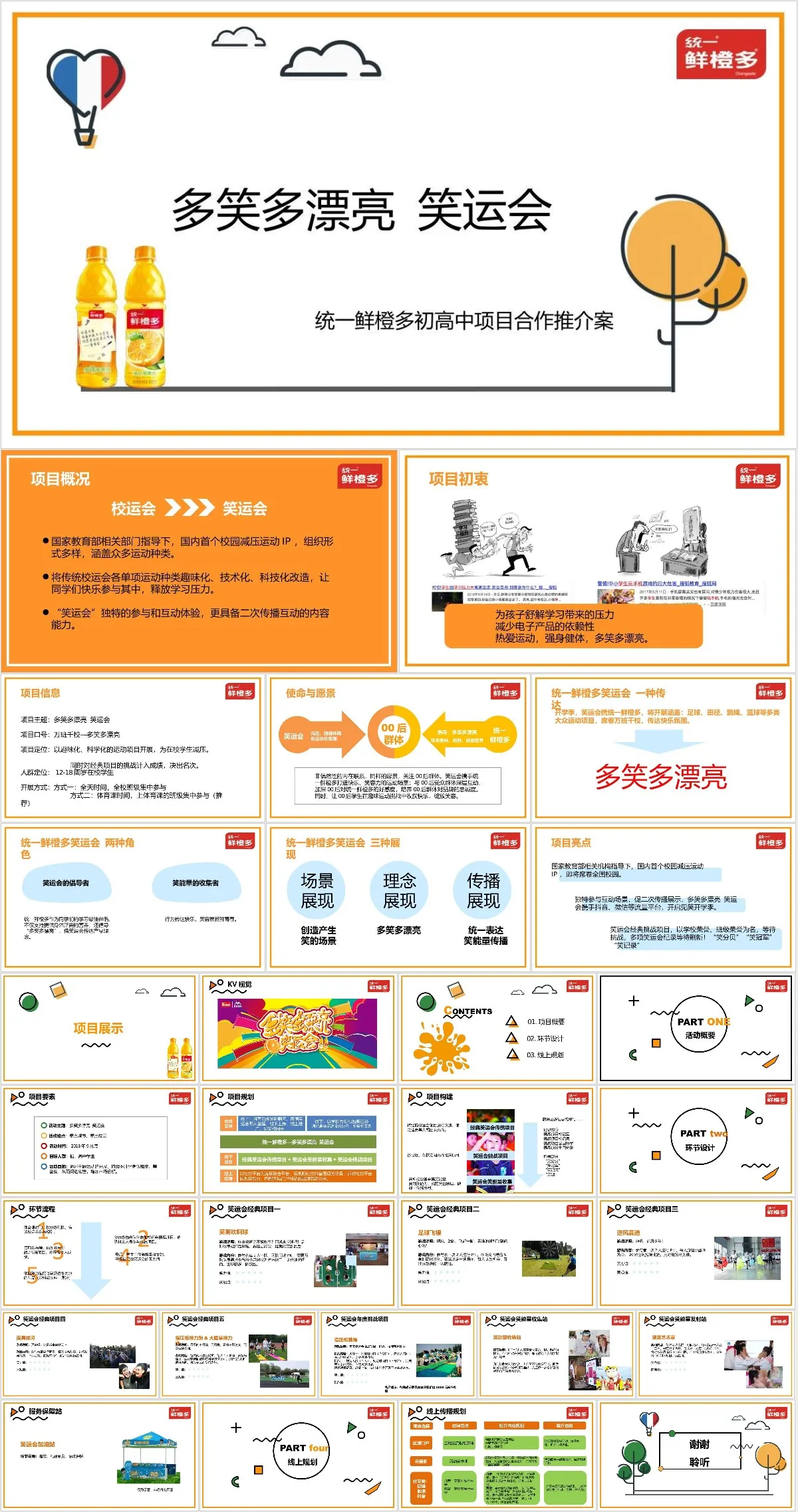 统一鲜橙多初高中笑运会项目合作推介案营销活动PPT模板 - 模板内页详情长图