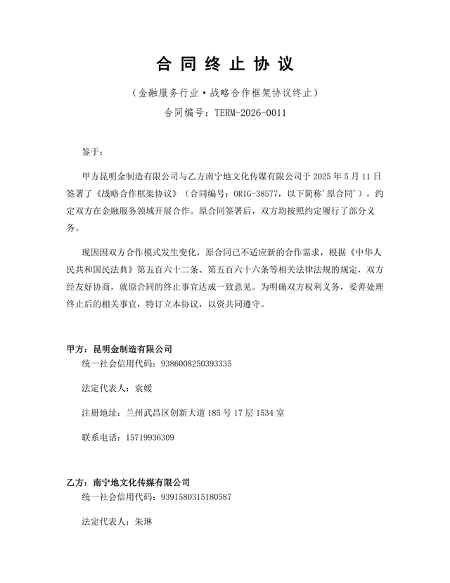 金融服务行业战略合作框架协议终止合同终止协议DOCX文档模板 - 封面预览