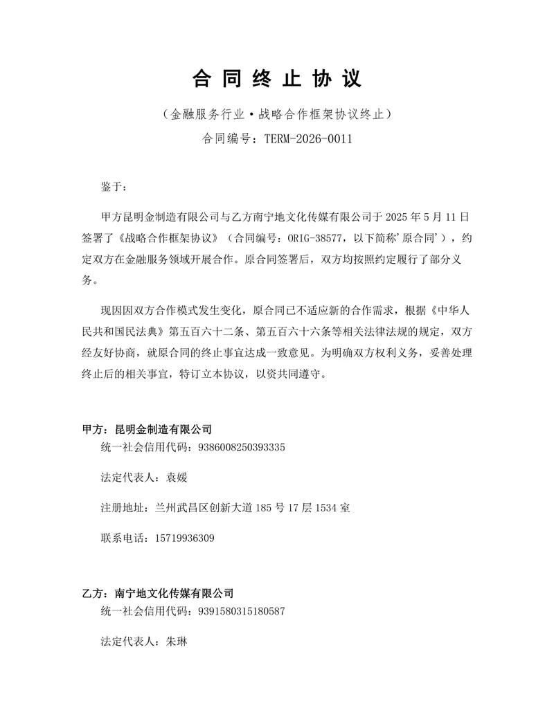 金融服务行业战略合作框架协议终止合同终止协议DOCX文档模板 - 封面预览