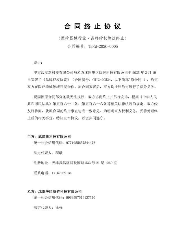 医疗器械行业品牌授权协议终止合同协议Word文档模板 - 封面预览