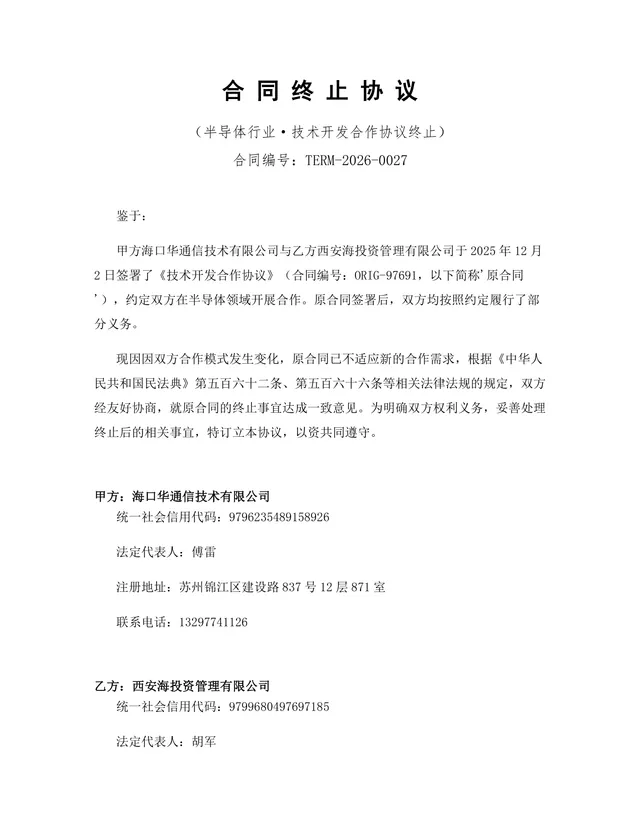 半导体行业技术开发合作协议终止合同协议DOCX文档模板 - 封面预览