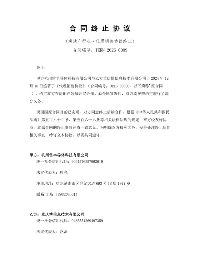 房地产行业代理销售协议终止合同终止协议DOCX文档模板 - 封面预览