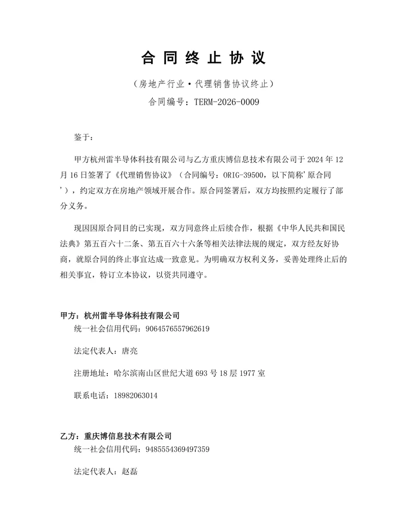 房地产行业代理销售协议终止合同终止协议DOCX文档模板 - 封面预览