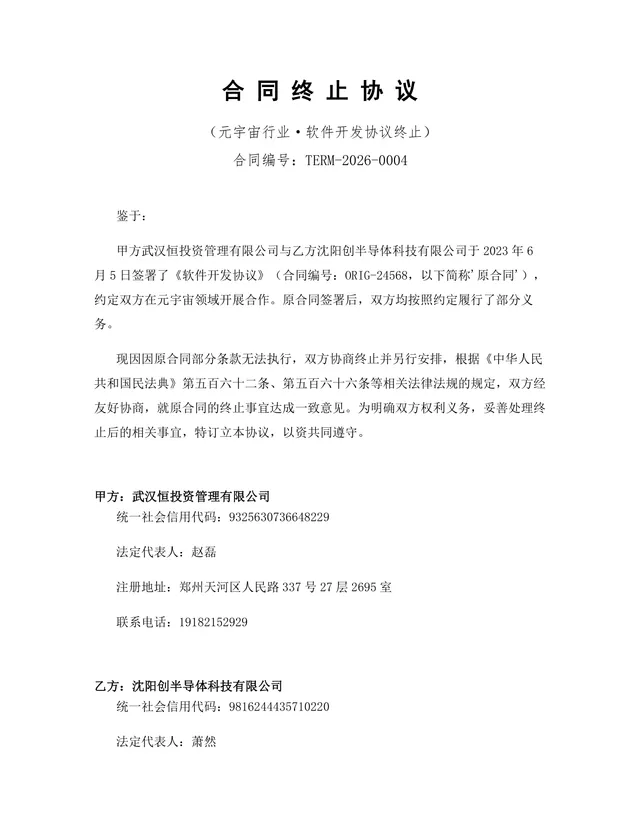 元宇宙行业软件开发合作终止协议正式规范Word文档模板 - 封面预览
