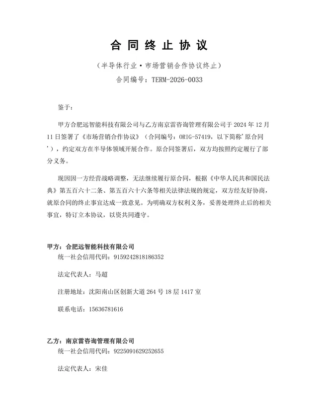 半导体行业市场营销合作协议终止合同终止协议Word文档模板 - 封面预览