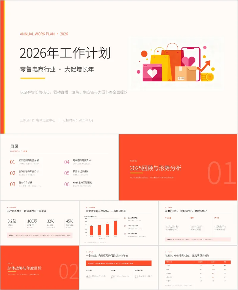 零售电商行业大促增长年度工作计划PPT模板 - 封面预览