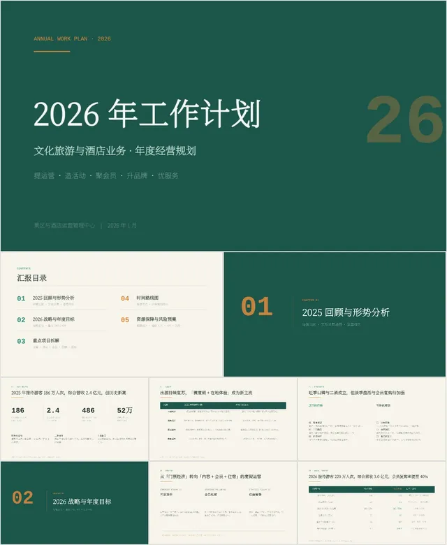 文化旅游与酒店业务年度经营规划2026年工作计划PPT模板 - 封面预览