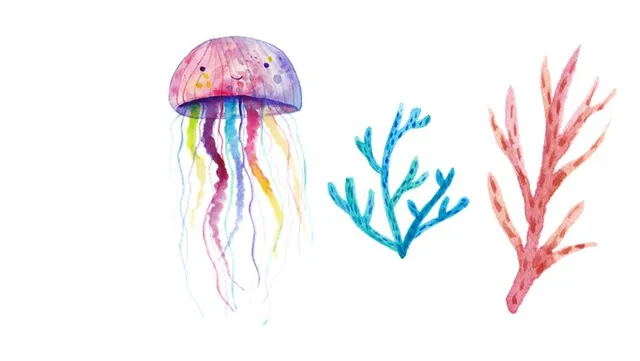 水彩风海洋生物水母珊瑚小鱼免抠装饰贴纸素材图片 - 封面预览