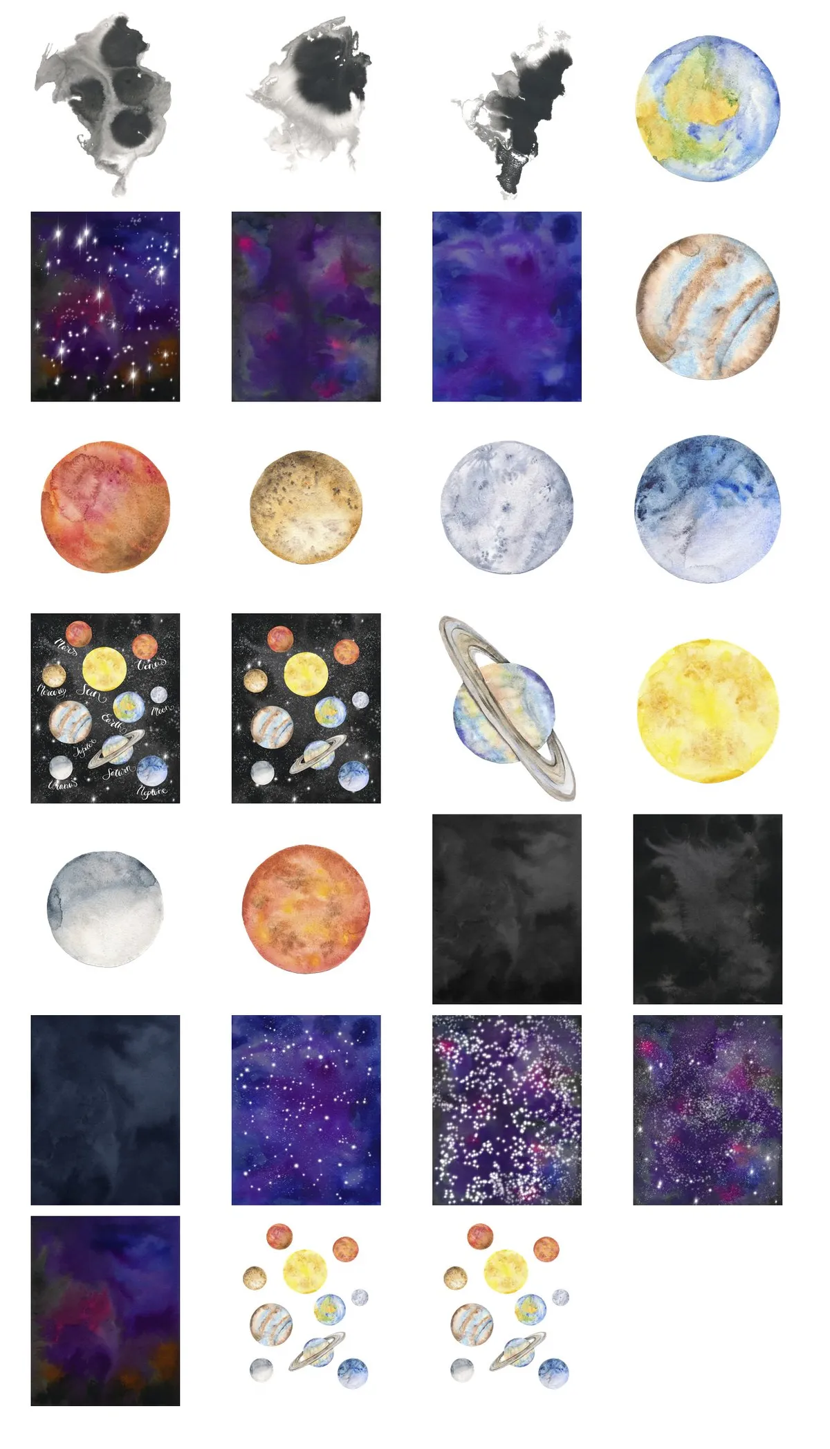 水彩水墨风宇宙星球星空免抠贴纸装饰素材图片 - 模板内页详情长图