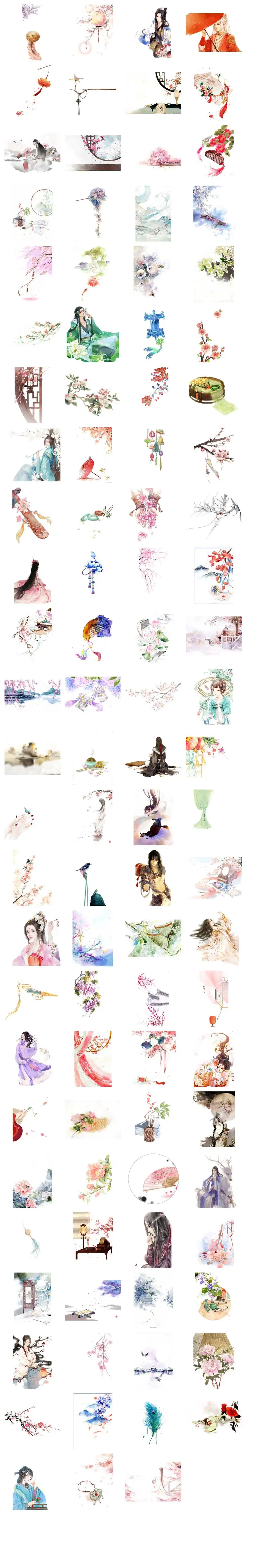 古风唯美人物花卉器物免抠贴纸素材图片 - 模板内页详情长图