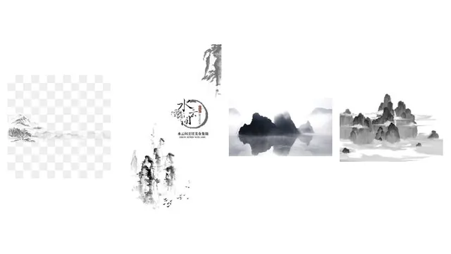 中国风水墨山水免抠贴纸素材 古风国画风景装饰元素图片 - 封面预览