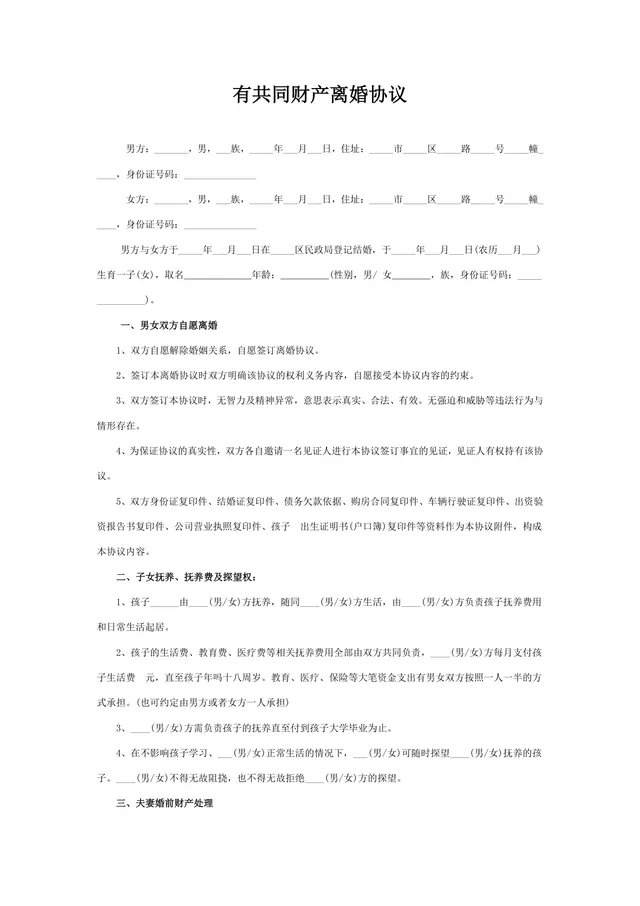 有共同财产离婚协议实用规范DOCX文档模板 - 封面预览
