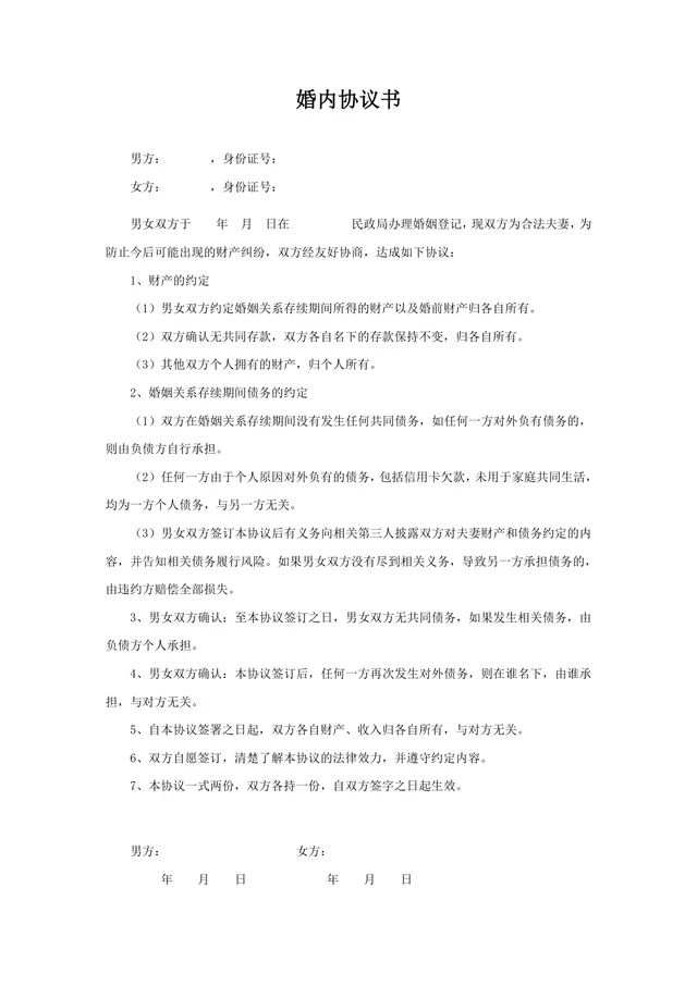 婚内夫妻财产债务约定协议书DOCX文档模板 - 封面预览