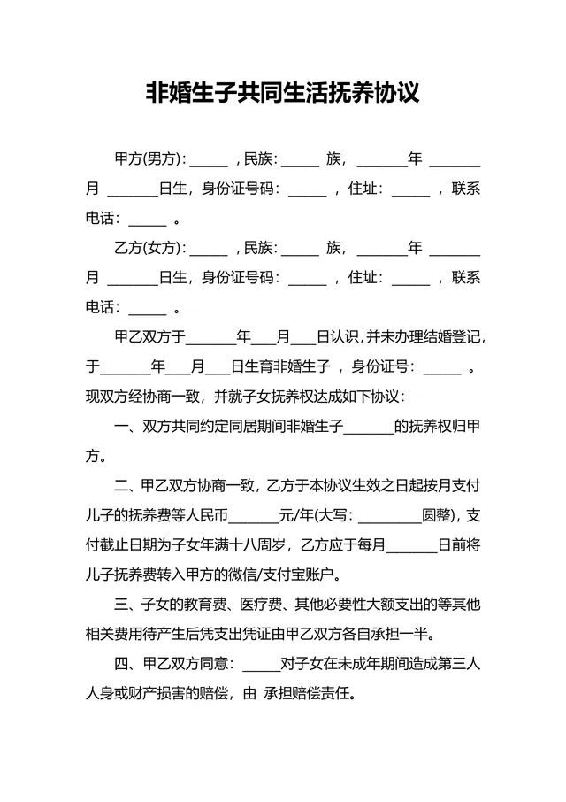 非婚生子共同生活抚养协议规范DOCX文档模板 - 封面预览
