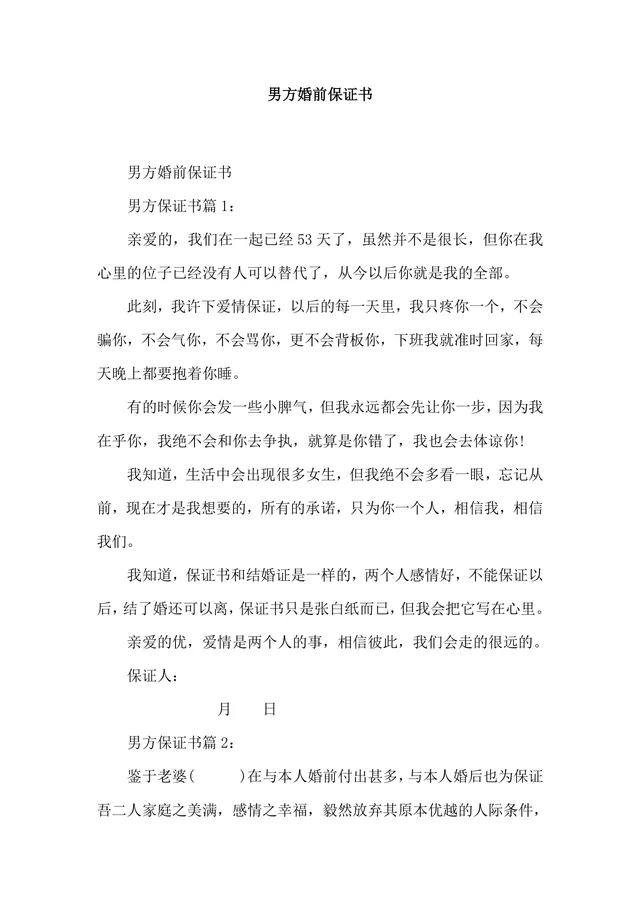 男方婚前保证书实用参考文档Word模板 - 封面预览