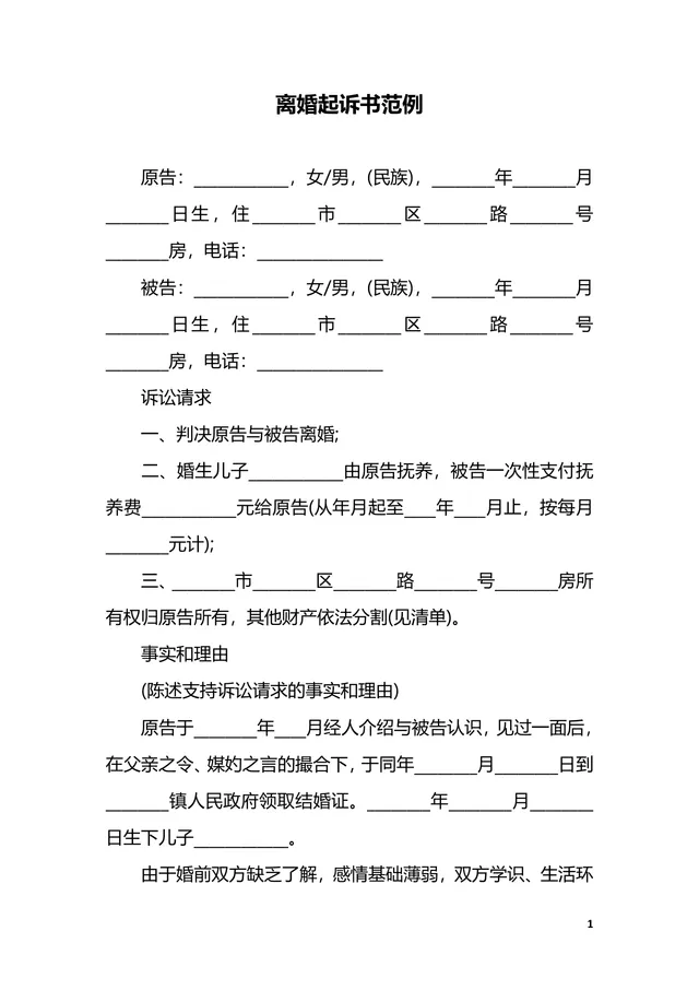 离婚起诉书范例实用文档 用于诉讼离婚提交法院的标准填写参考Word模板 - 封面预览