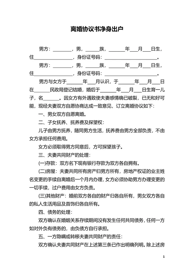 净身出户版离婚协议书实用文档模板 - 封面预览