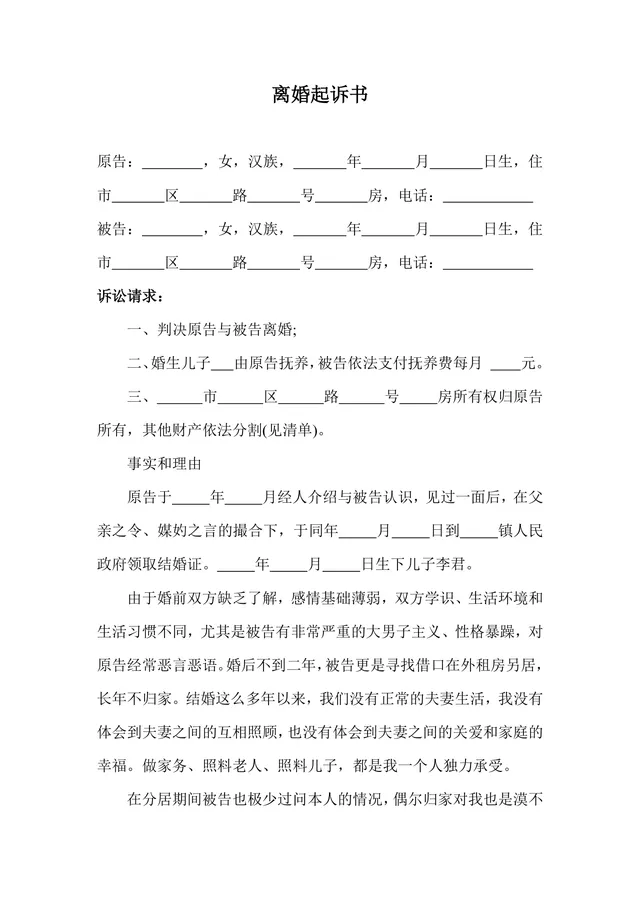 离婚起诉书标准法律文书Word模板 用于诉讼离婚提交法院申请 - 封面预览