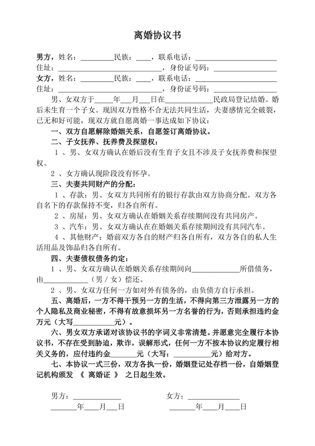 无子女无共同财产离婚协议书标准实用DOCX文档模板 - 封面预览
