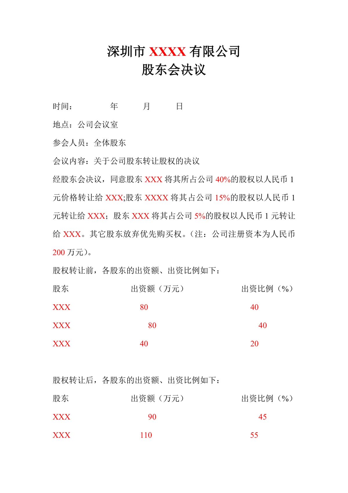 公司股权转让股东会决议标准文档模板 - 第1页