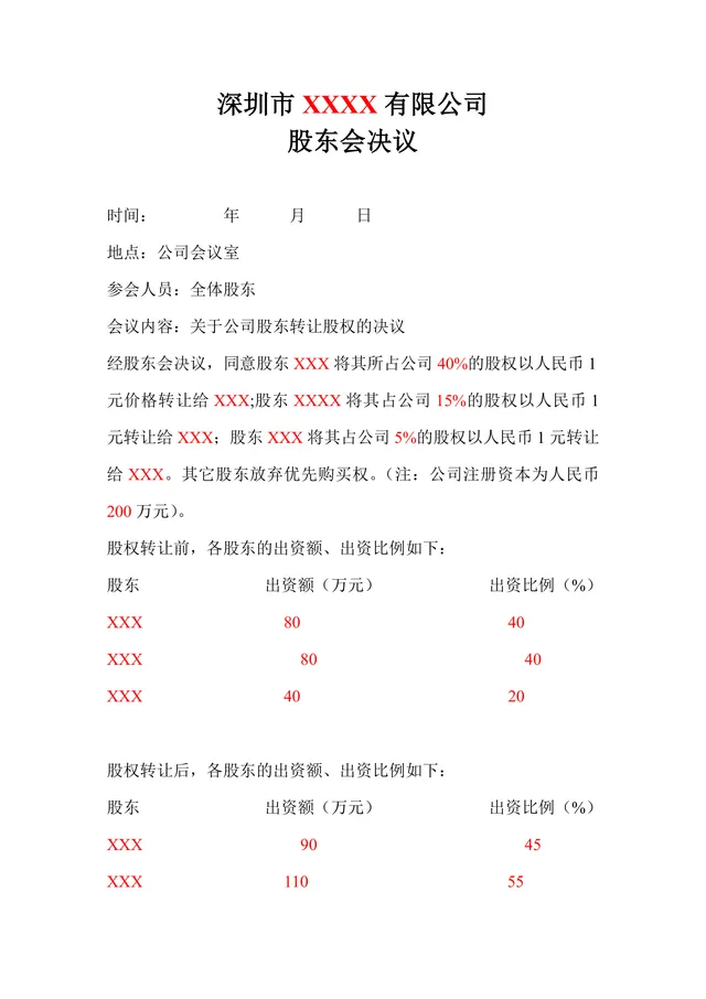 公司股权转让股东会决议标准文档模板 - 封面预览