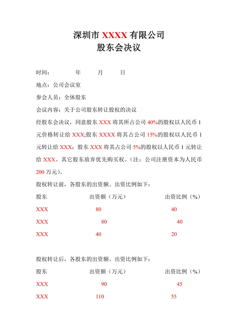 公司股权转让股东会决议标准文档模板 - 封面预览