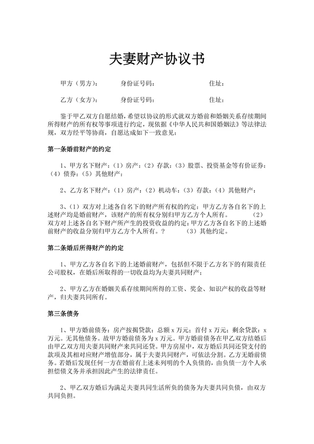 夫妻财产约定协议书婚前婚后财产债务划分权责说明DOC文档模板 - 封面预览
