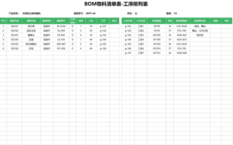 BOM物料清单表工序排列Excel表格 生产制造物料工序统计管理模板 - 封面预览