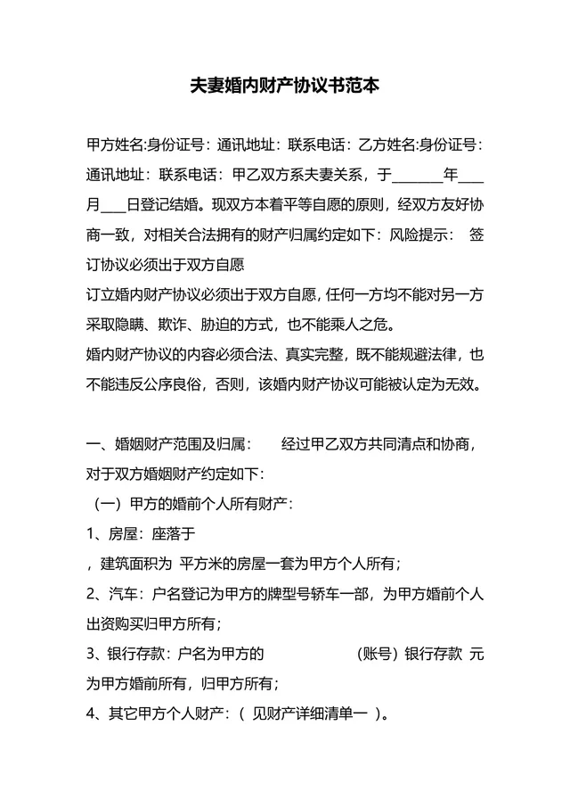 夫妻婚内财产协议书范本 婚前婚后财产归属约定文档模板 - 封面预览