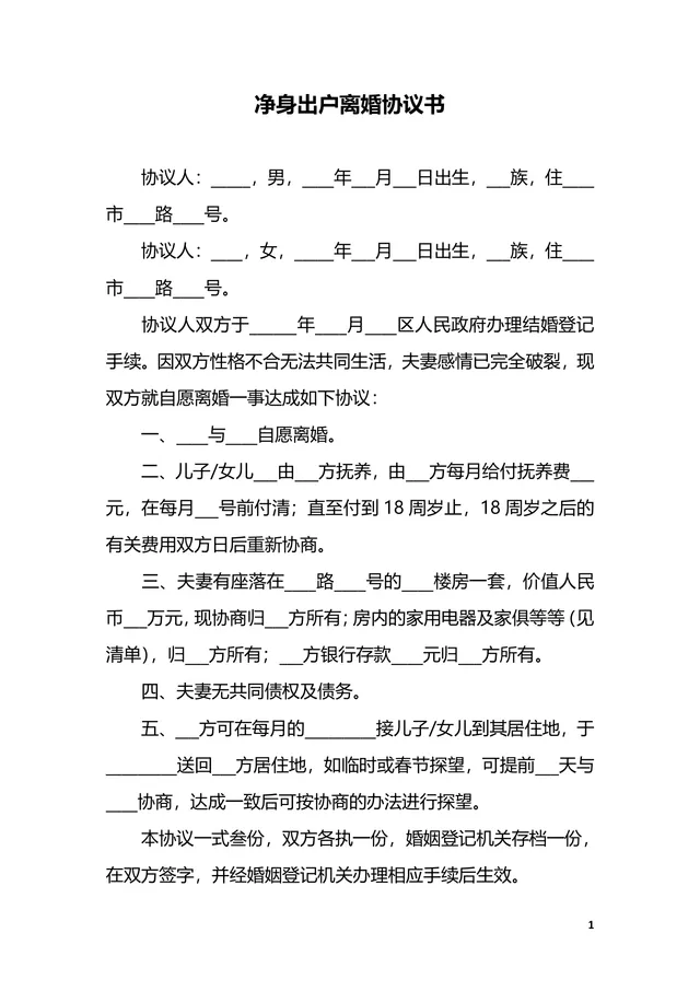 净身出户离婚协议书实用文档模板 - 封面预览
