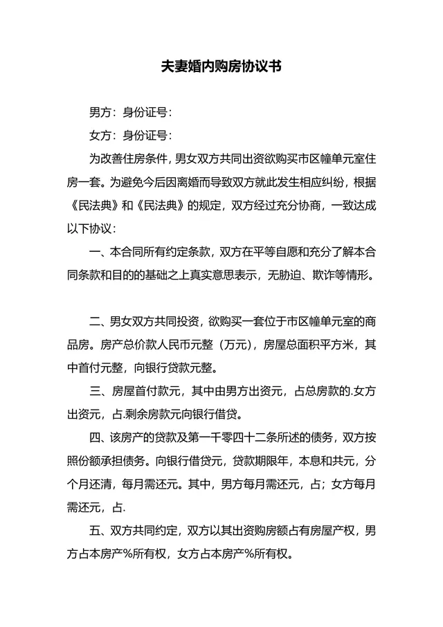 夫妻婚内购房协议书 离婚房产权益划分约定法律文书Word模板 - 封面预览