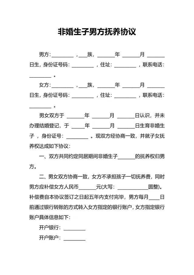 非婚生子男方抚养协议法律文书DOCX模板 - 封面预览