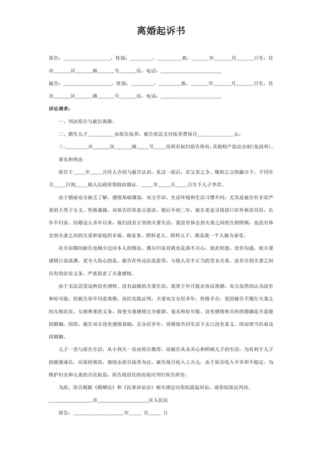 离婚起诉书标准法律文书填写模板DOCX - 封面预览
