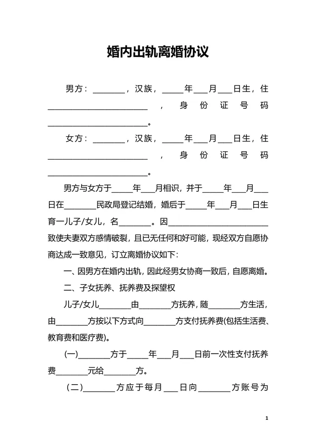 婚内出轨场景专用离婚协议书DOCX文档模板 - 封面预览