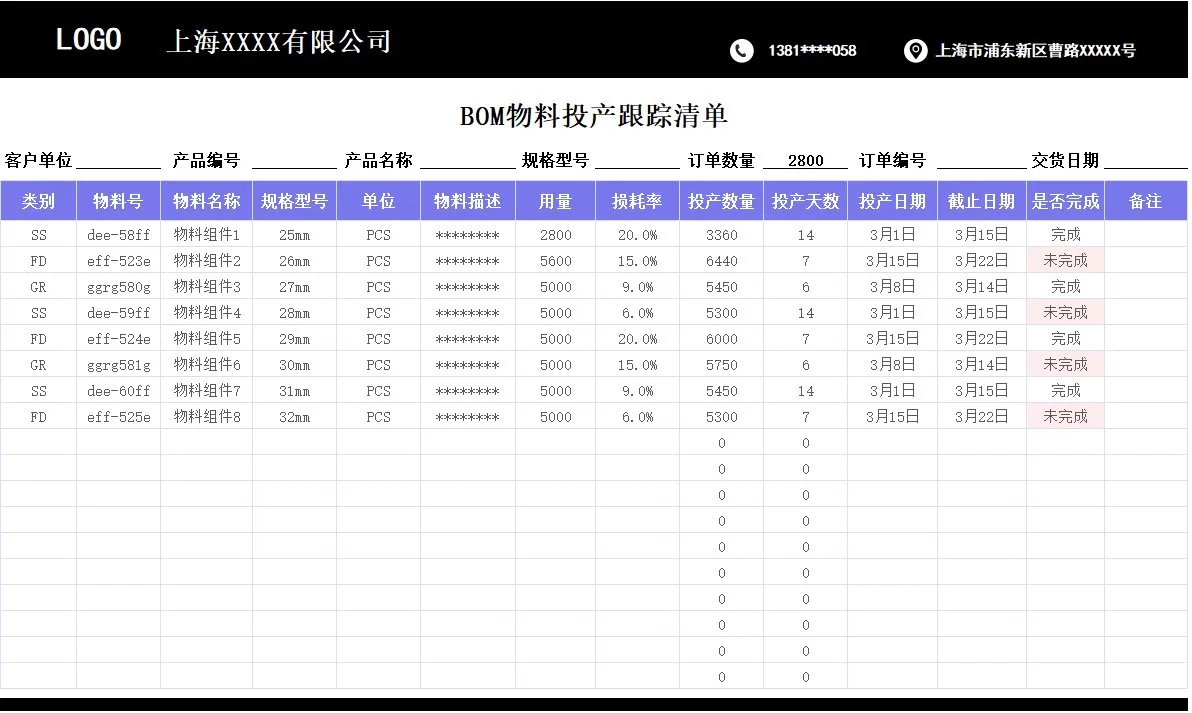 BOM物料投产跟踪清单Excel表格 - 第1页